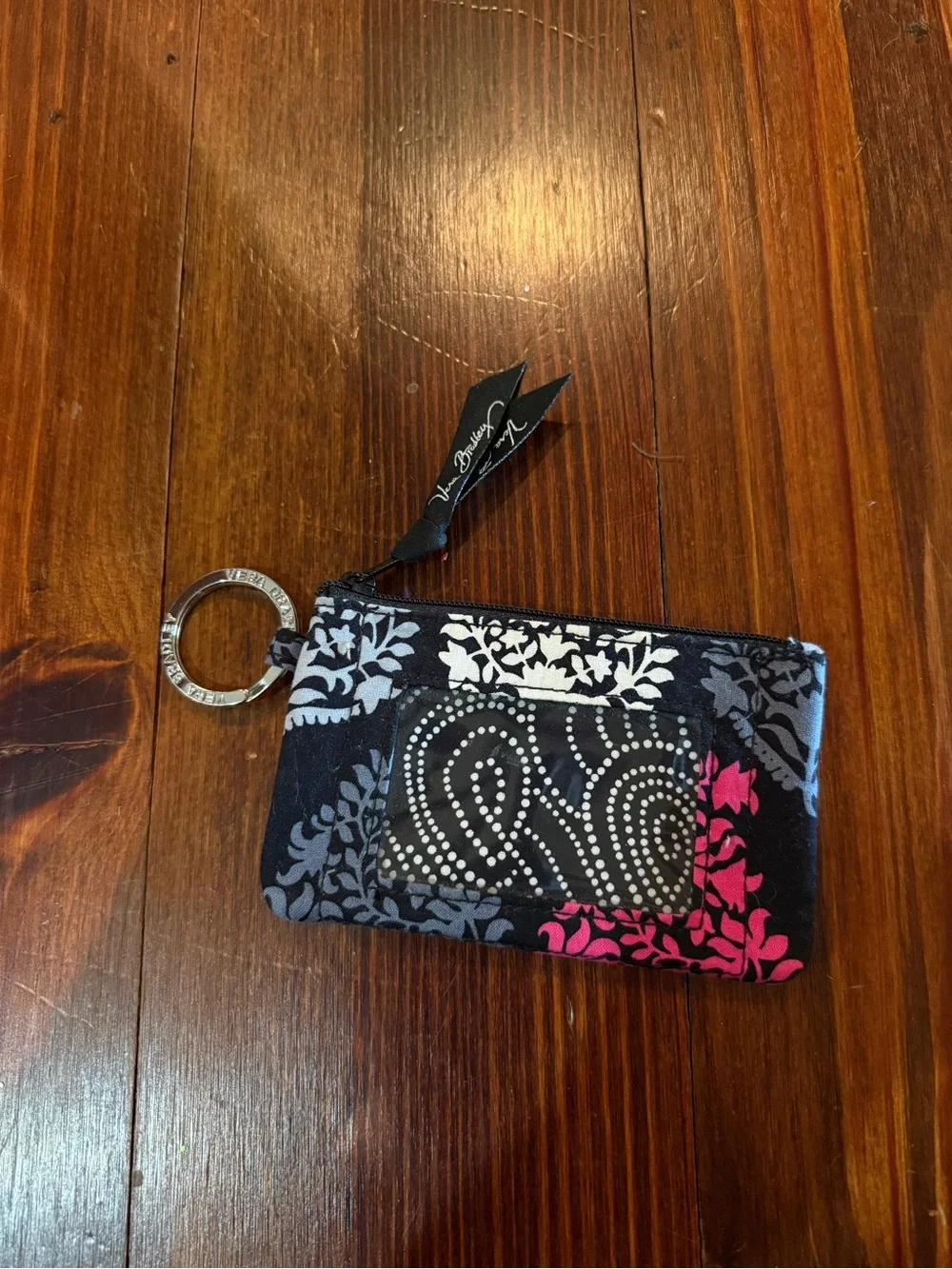 Vera Bradley Black, Gray & Pink Floral Zip ID Card Holder with Key Ring